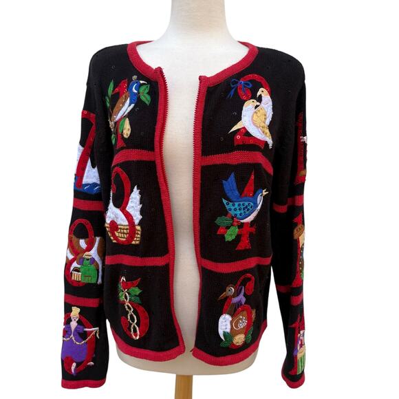 VTG Heirloom Collectables Christmas Sweater PXL Ramie Black Red 12 Days Full Zip - Picture 3 of 11